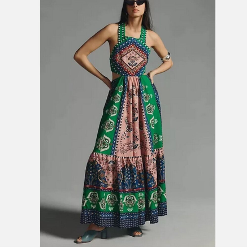 Farm Rio Anthropologie XL NWT Cutout Halter Dress Maxi Green Pink Blue New